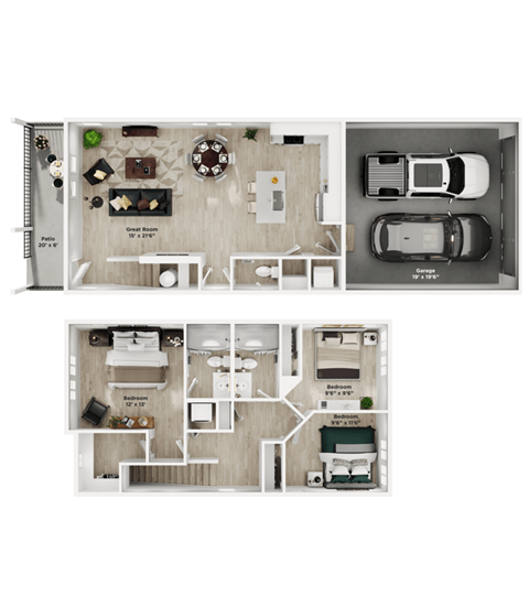 Floor plan for 3 beds, 2.5 baths, 1340 sqft